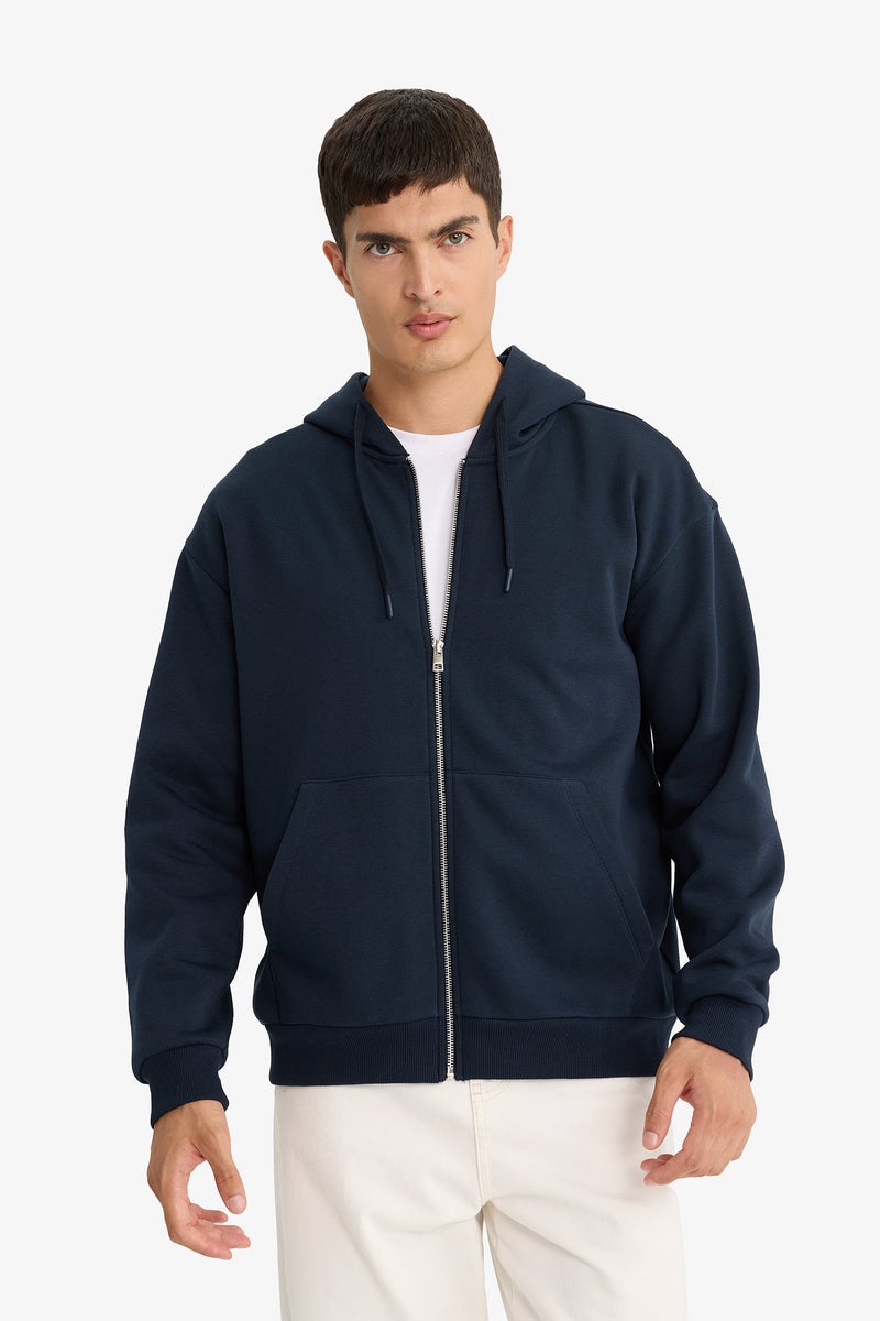 DeFacto Blue Man Comfort Fit Zippered Basic Thick Hoodie Casual - Image 3